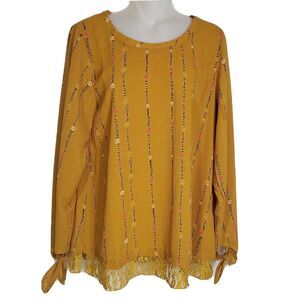 Jodifl Womens Tunic Top Small Yellow Long Sleeve Tie Cuff Lace Hem Floral Print
